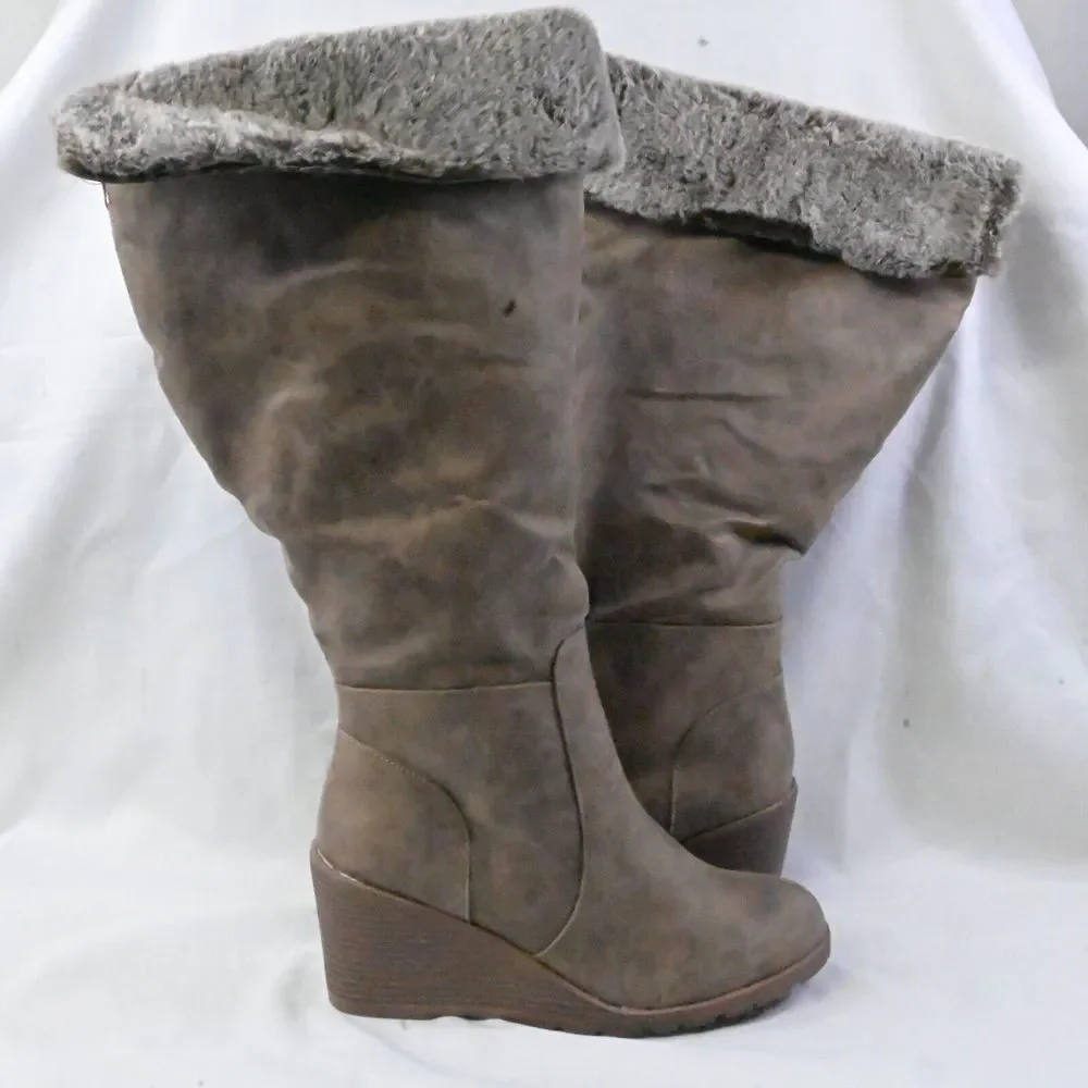 LANE‎ BRYANT Brown EMMA Faux Suede Fur Cuff Tall Wedge BOOTS WIDE 9W
